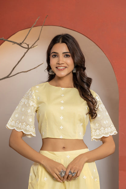 Yellow Cotton Schiffli Co-ord Set