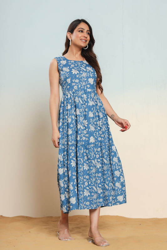 Indigo Blue Cotton Hand Block Printed Maxi Dress