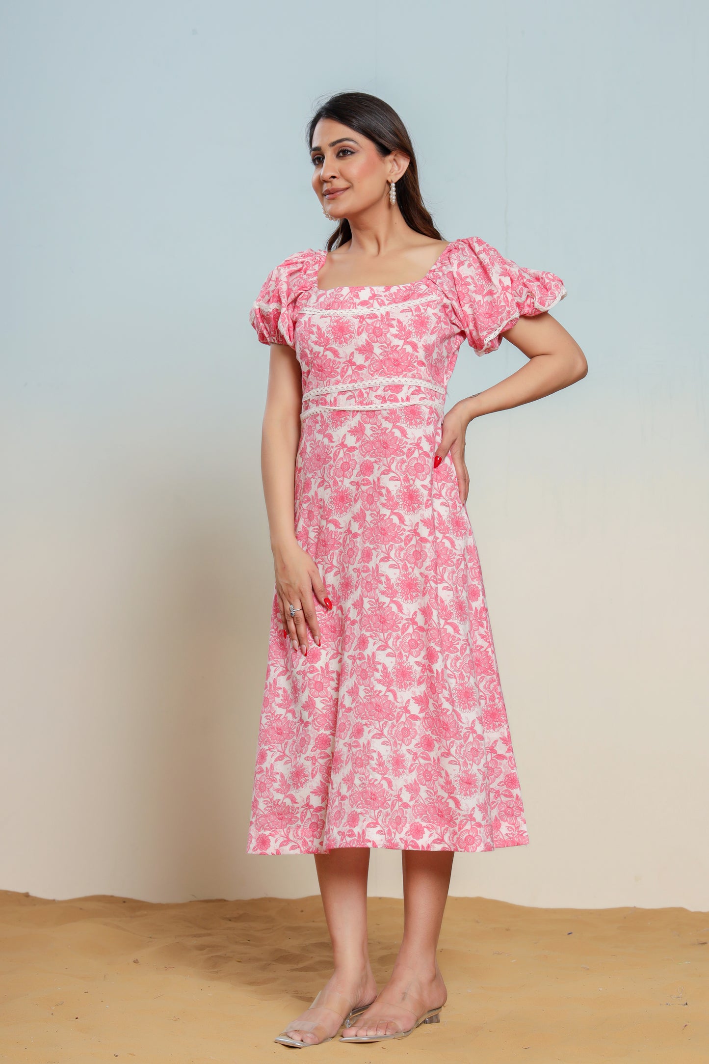 Prism Pink Cotton Hand Block Printed Midi Dress