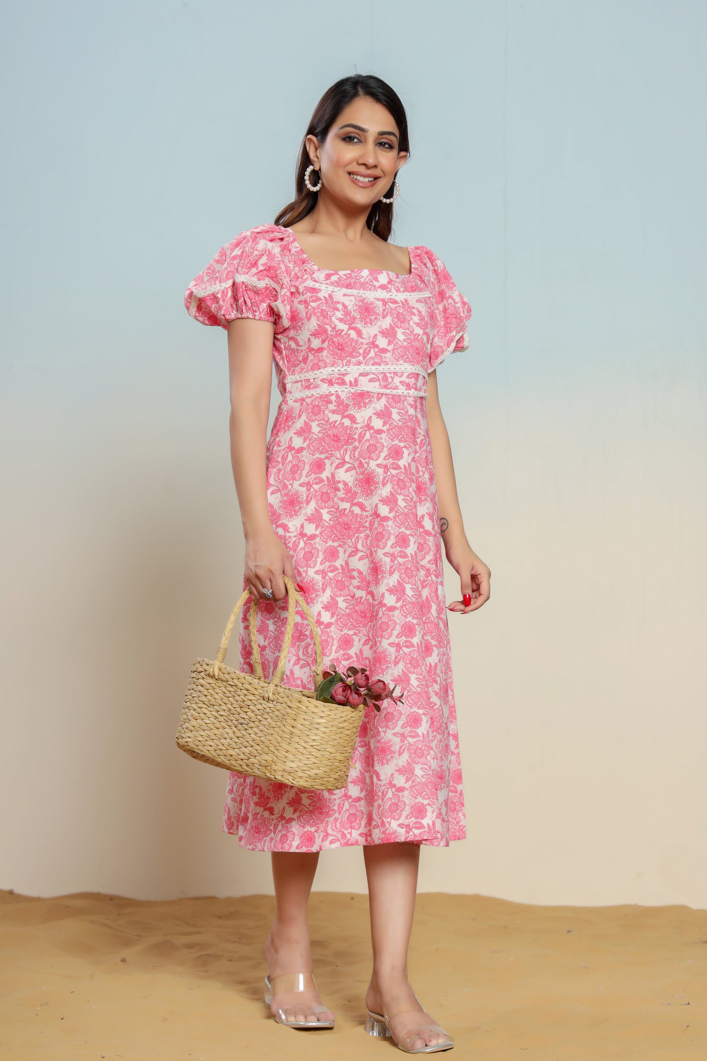 Prism Pink Cotton Hand Block Printed Midi Dress