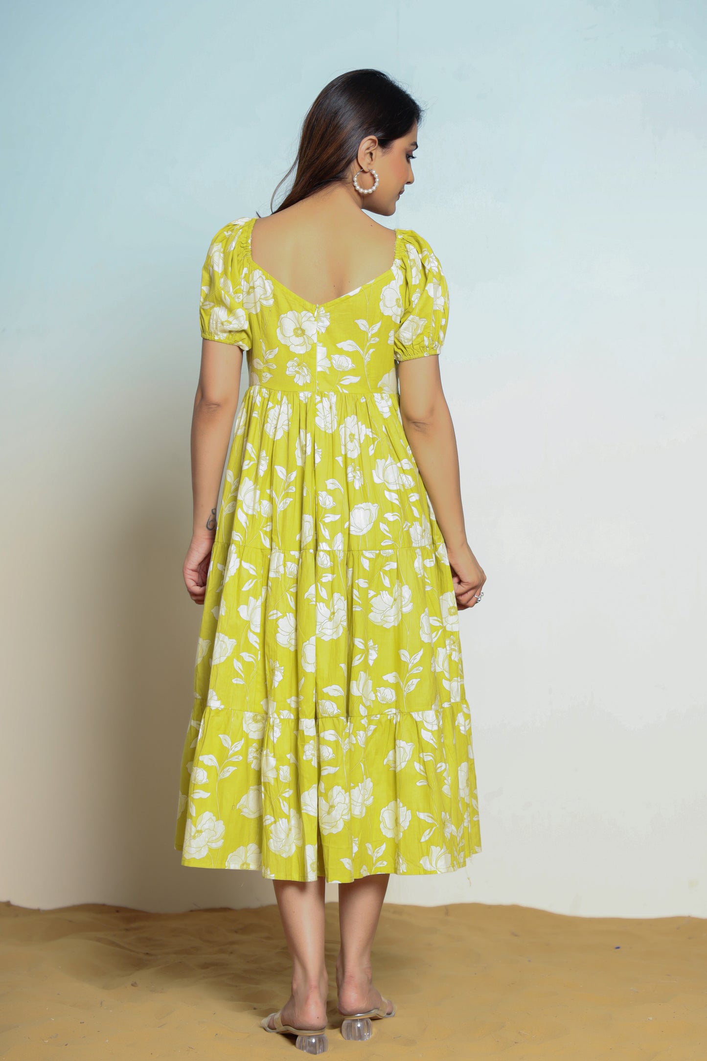 Golden Lime Green Hand Block Printed Midi Dress