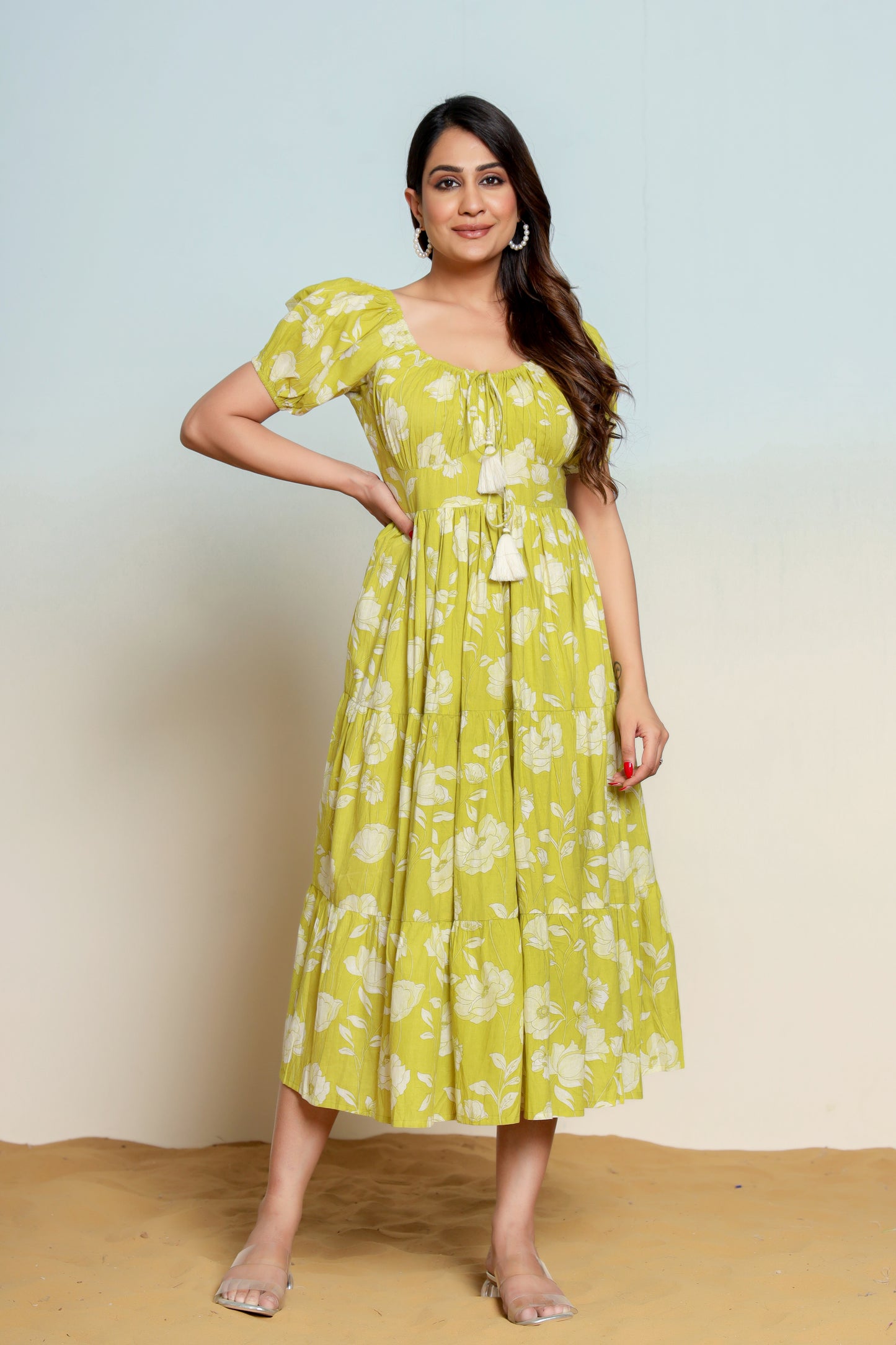Golden Lime Green Hand Block Printed Midi Dress