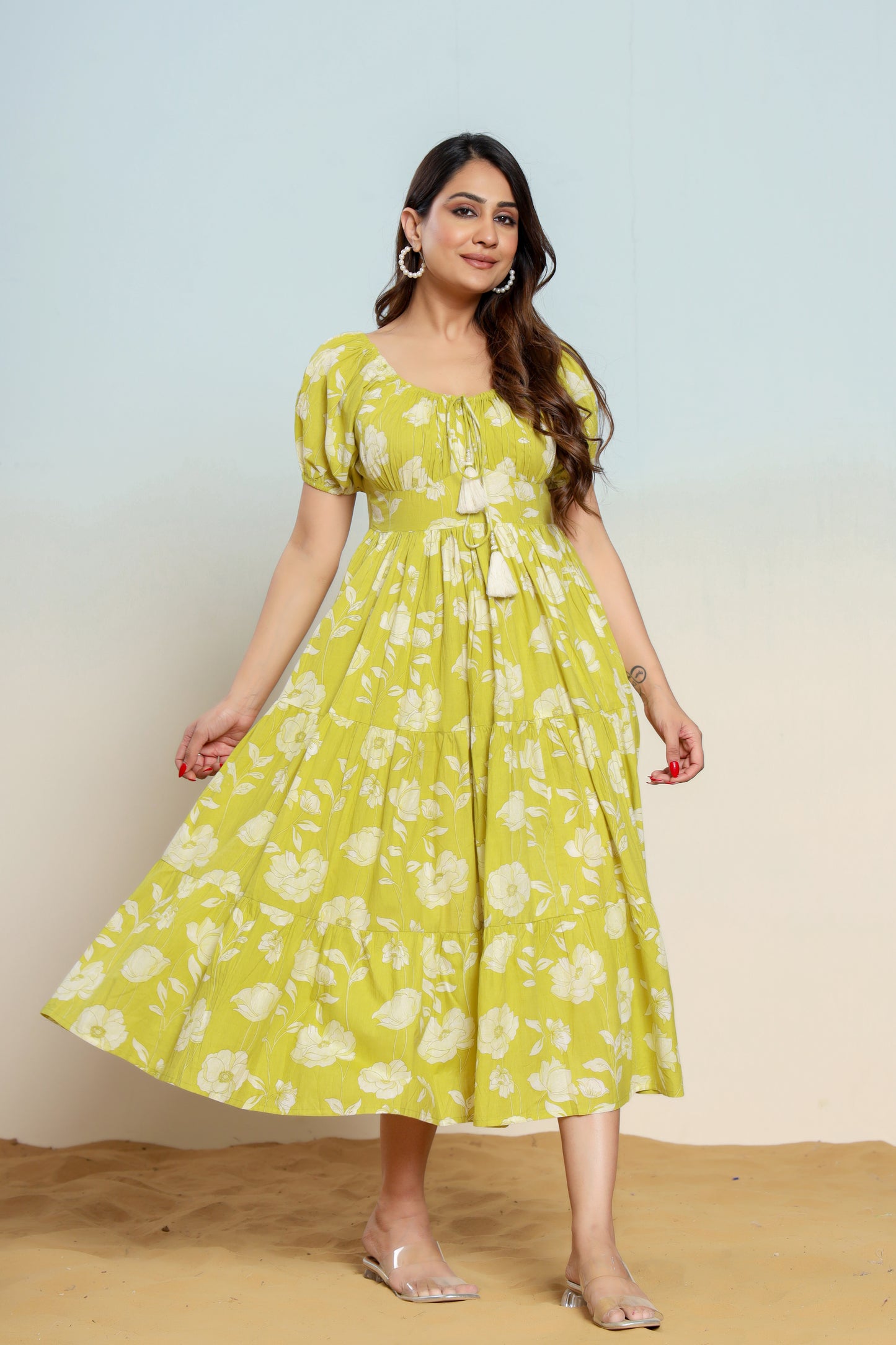 Golden Lime Green Hand Block Printed Midi Dress