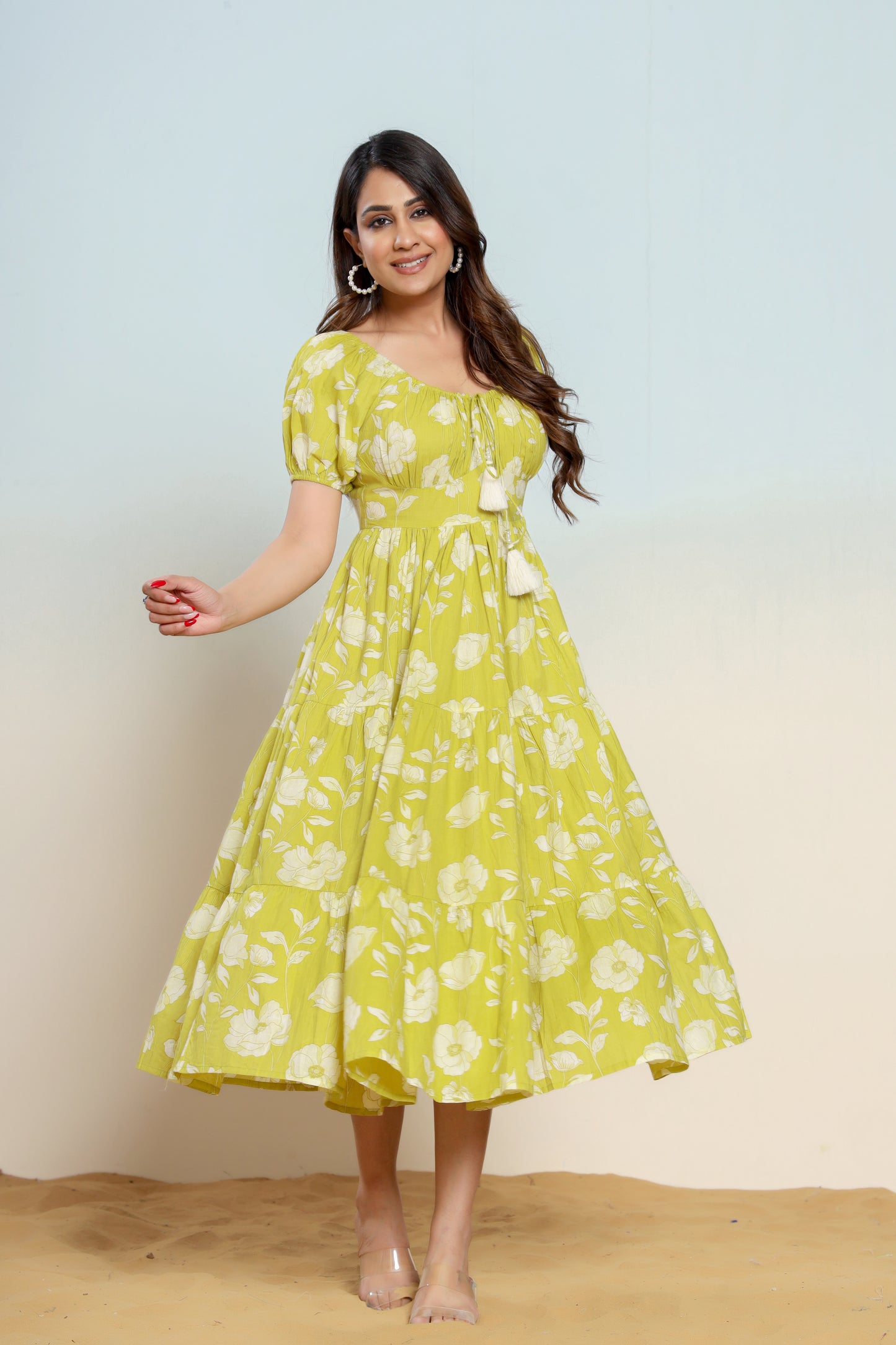 Golden Lime Green Hand Block Printed Midi Dress