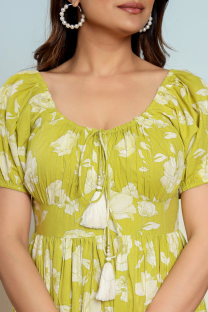 Golden Lime Green Hand Block Printed Midi Dress