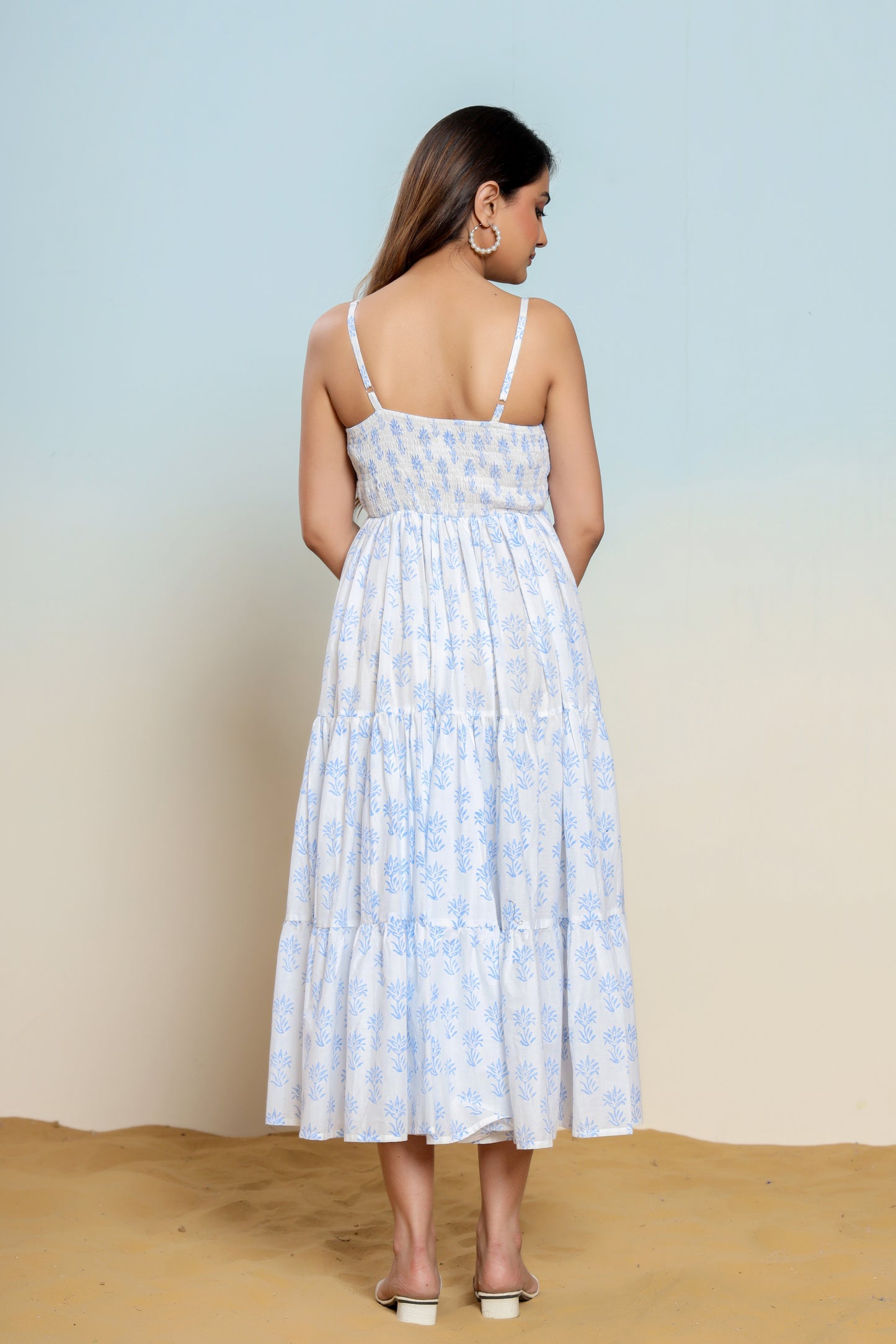 Powder Blue and White Printed Cotton Maxi Dress