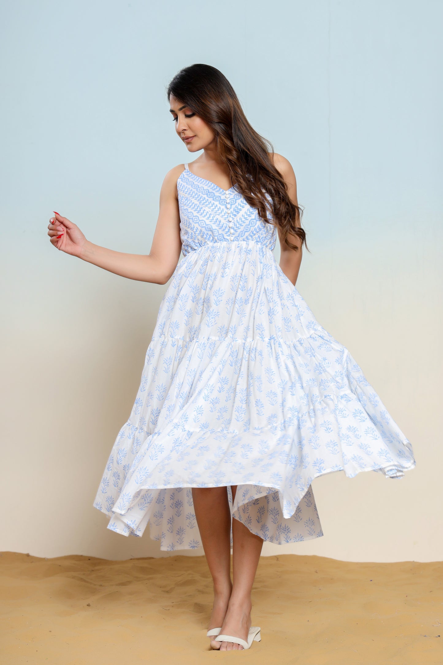 Powder Blue and White Printed Cotton Maxi Dress