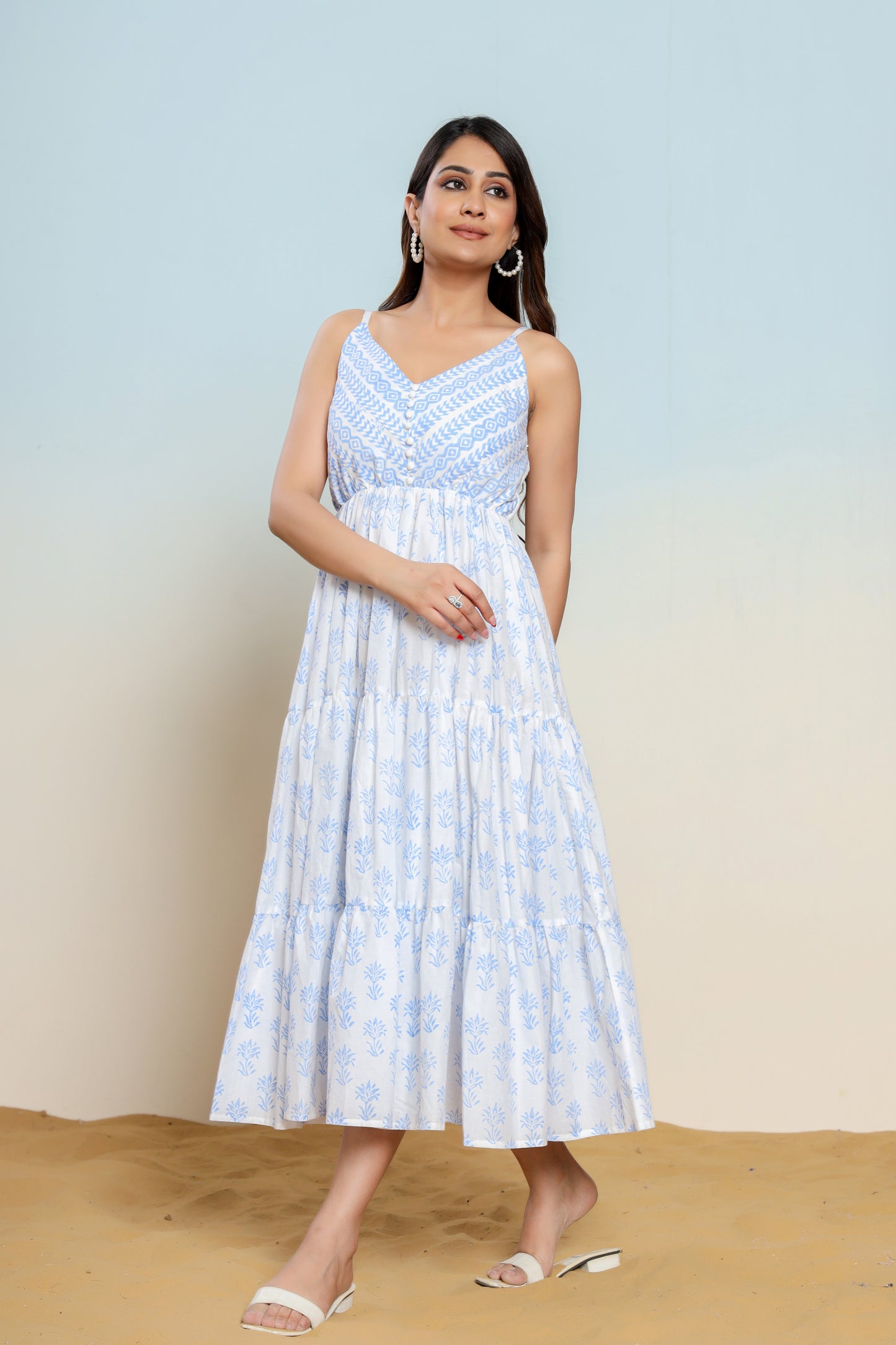 Powder Blue and White Printed Cotton Maxi Dress