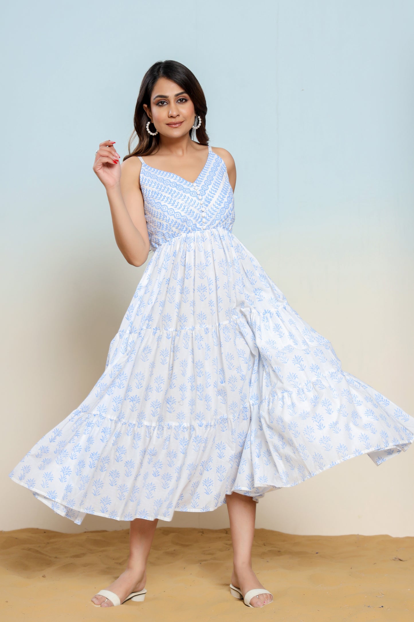 Powder Blue and White Printed Cotton Maxi Dress