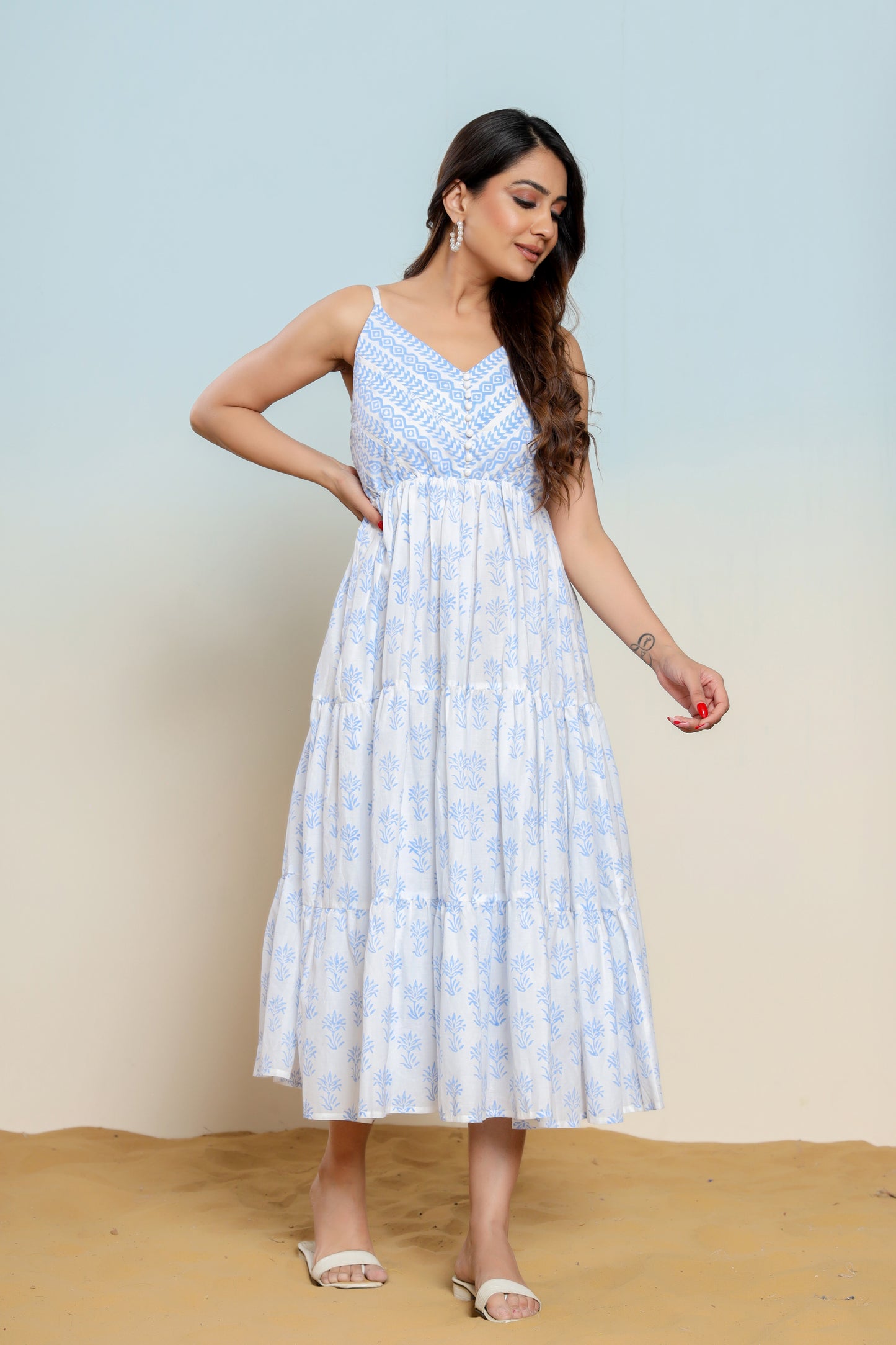 Powder Blue and White Printed Cotton Maxi Dress