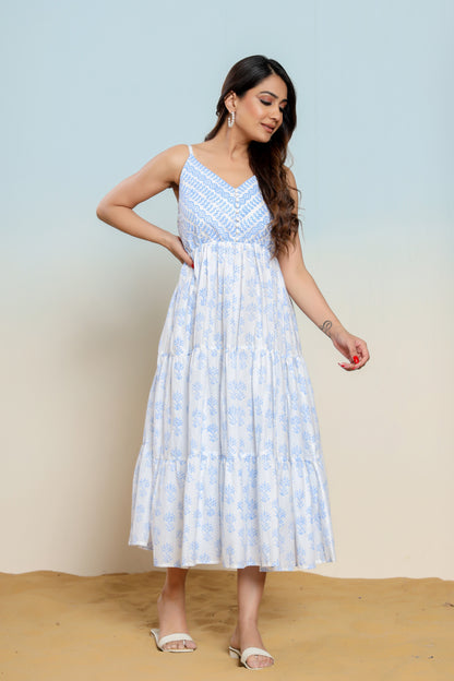 Powder Blue and White Printed Cotton Maxi Dress