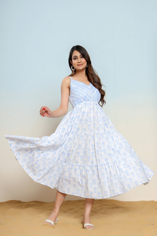 Powder Blue and White Printed Cotton Maxi Dress