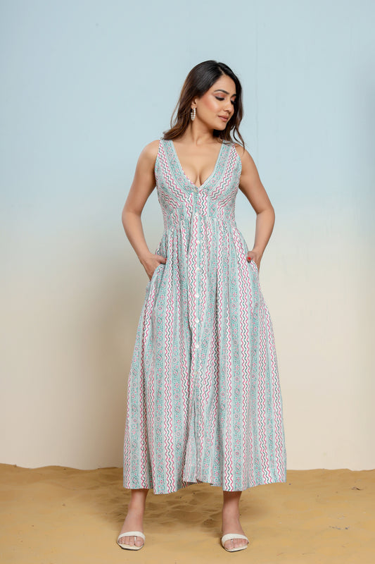 Whispering Blue Hand Block Printed Cotton Midi Dress