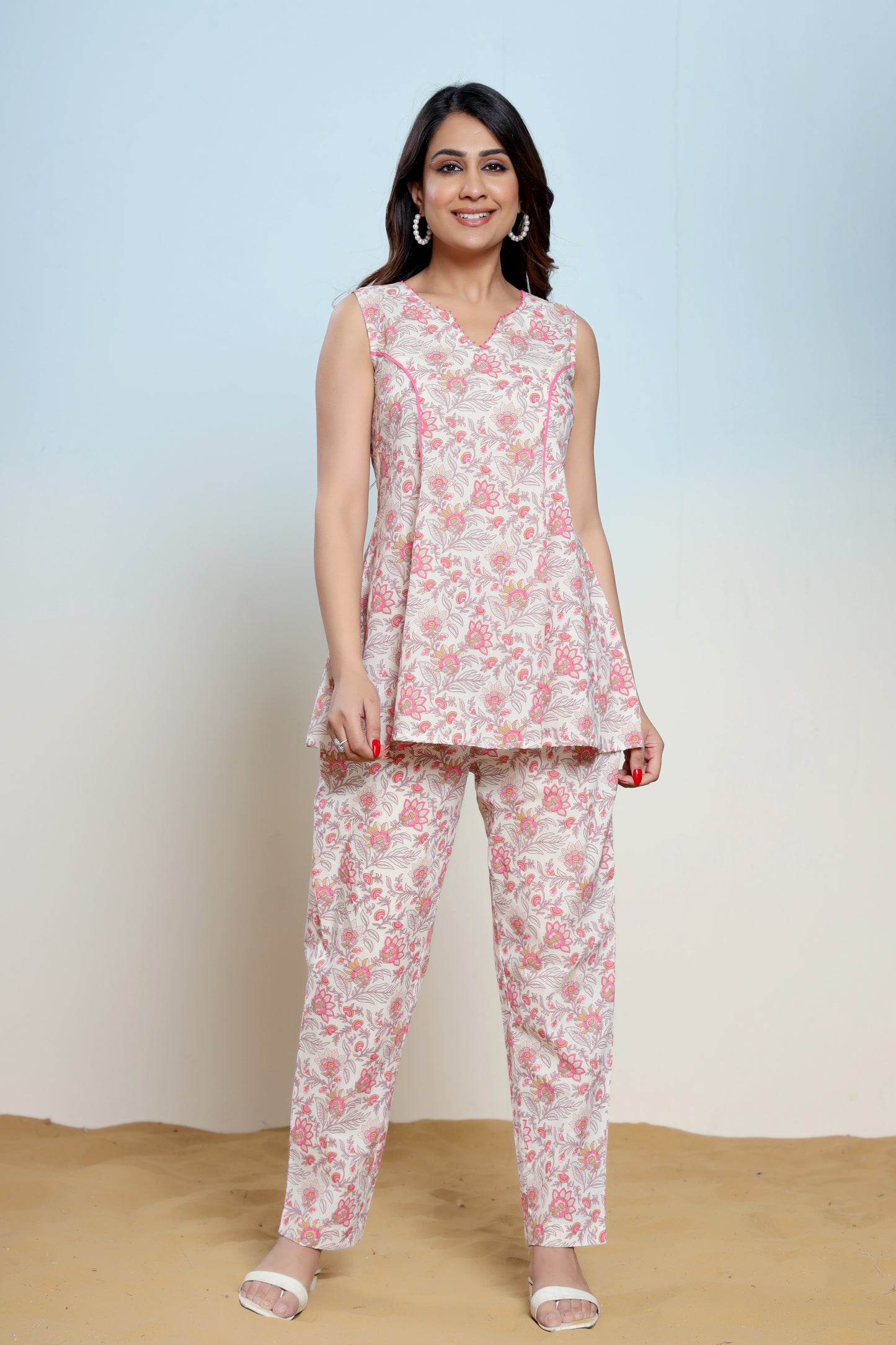 Mary Pink Cotton Hand Block Printed Co- Ord Set