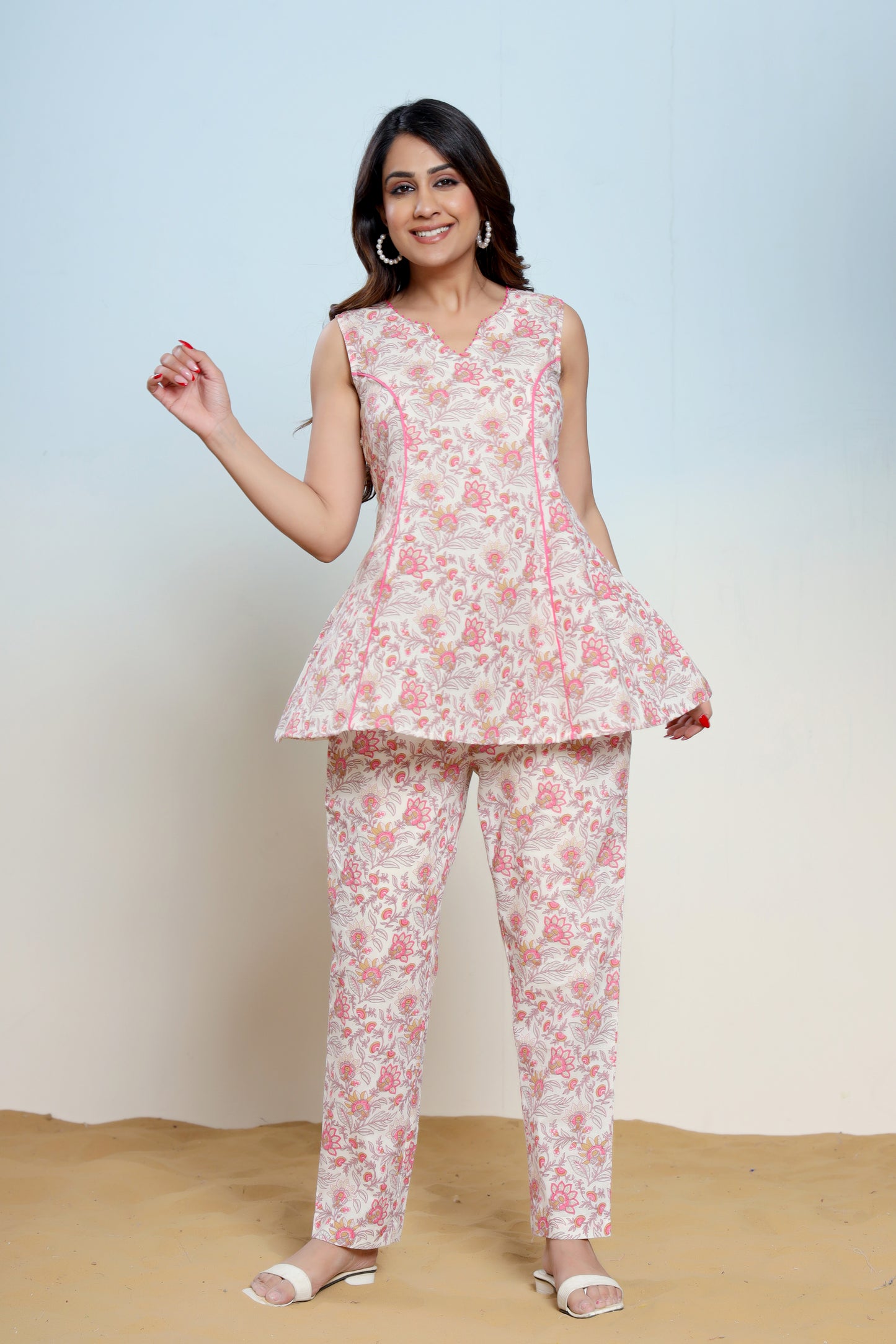 Mary Pink Cotton Hand Block Printed Co- Ord Set