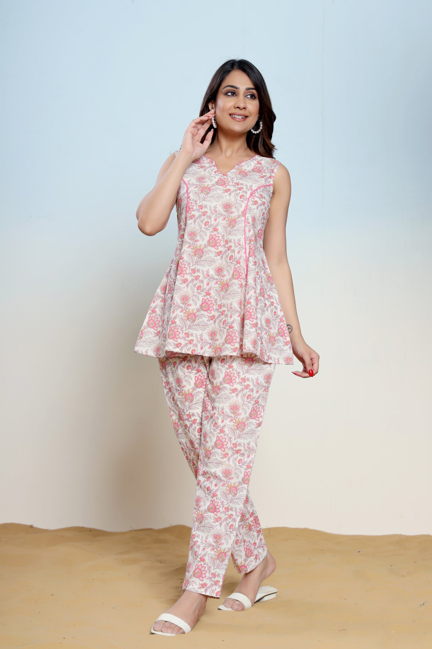 Mary Pink Cotton Hand Block Printed Co- Ord Set