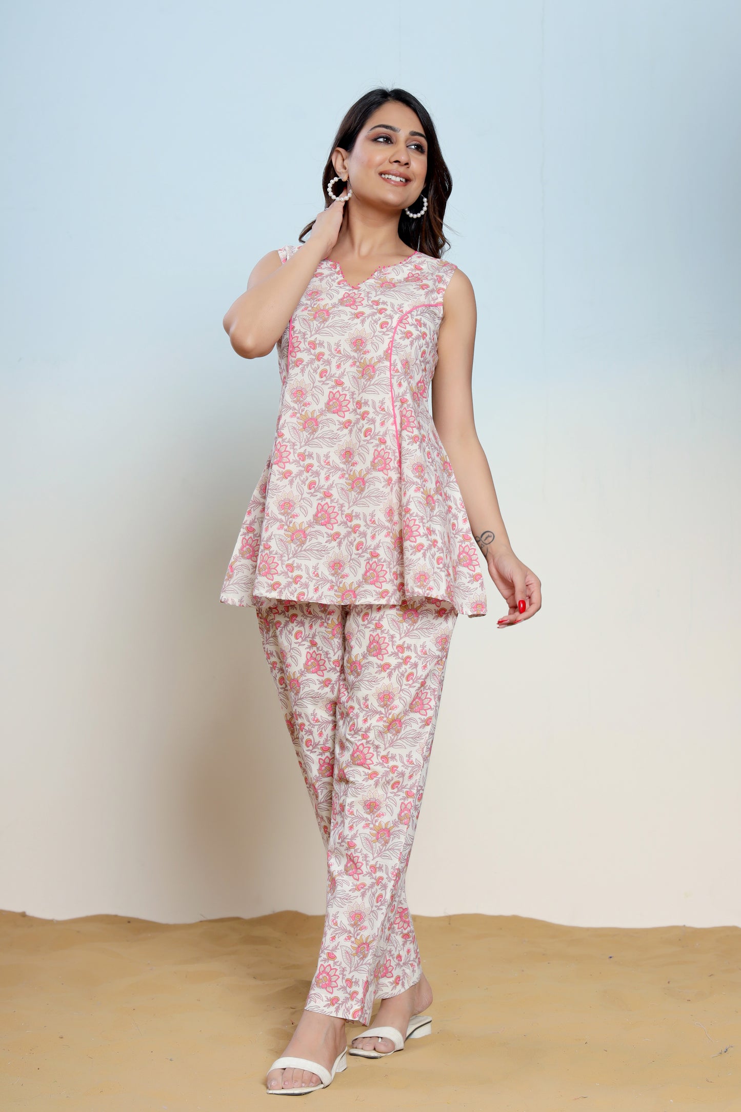 Mary Pink Cotton Hand Block Printed Co- Ord Set