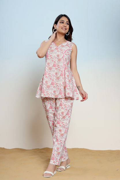 Mary Pink Cotton Hand Block Printed Co- Ord Set