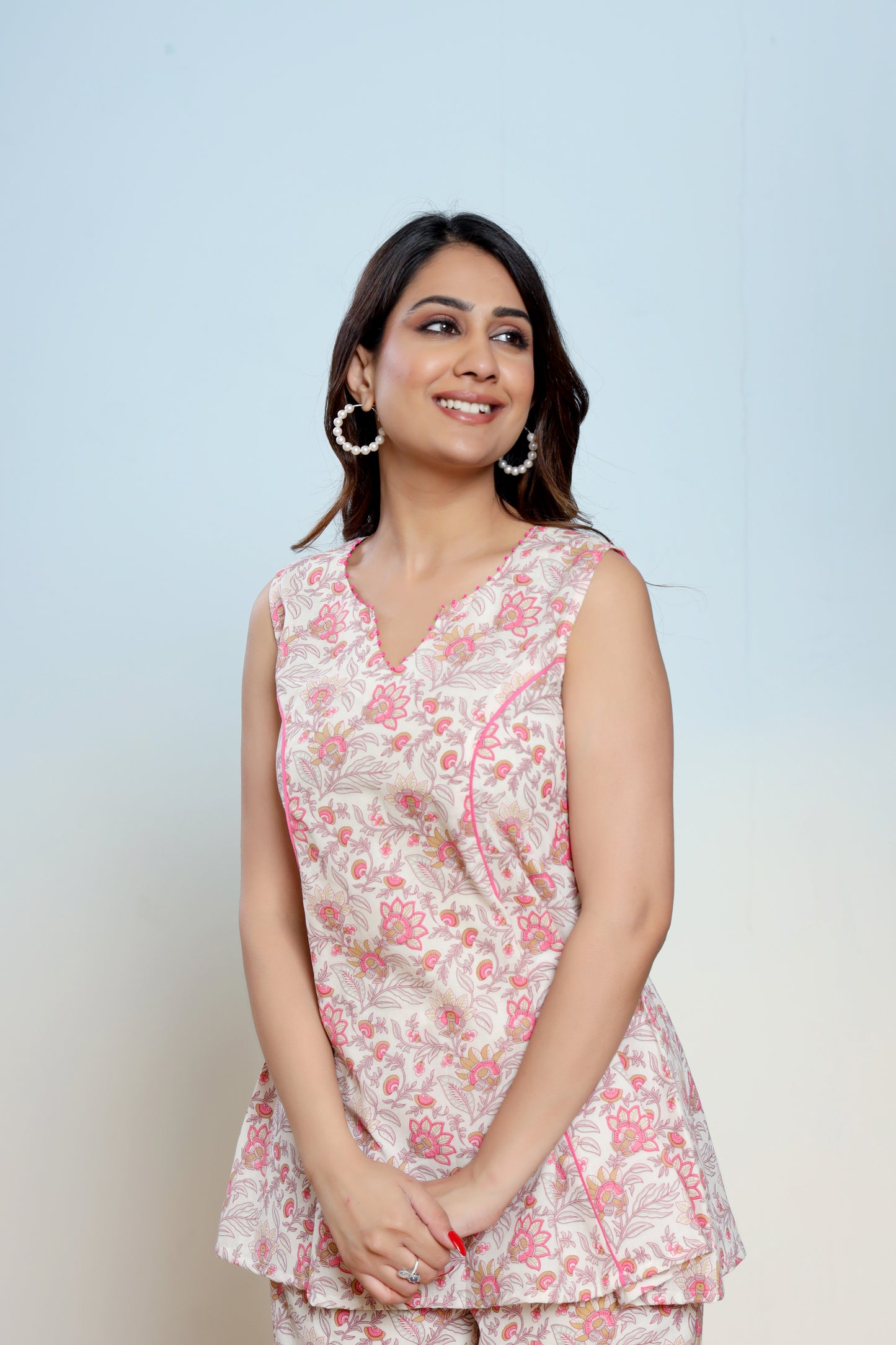 Mary Pink Cotton Hand Block Printed Co- Ord Set