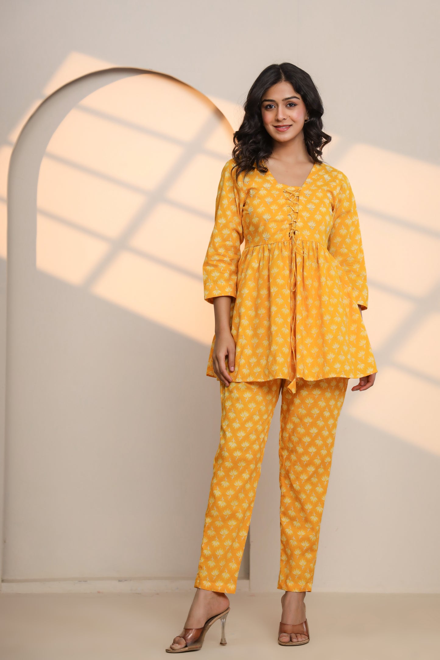 Yellow Cream Cotton Hand Block Printed Co- Ord Set
