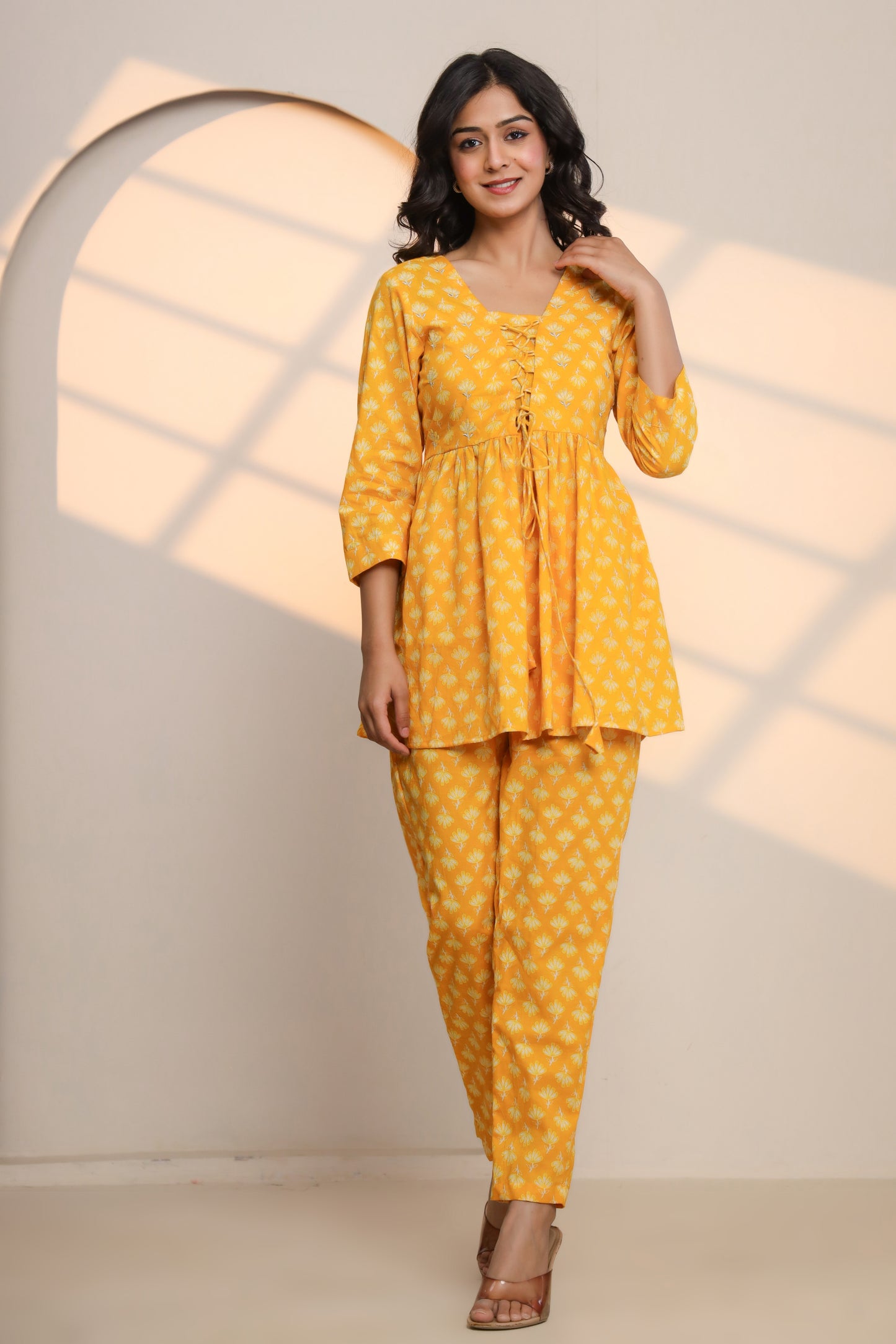 Yellow Cream Cotton Hand Block Printed Co- Ord Set