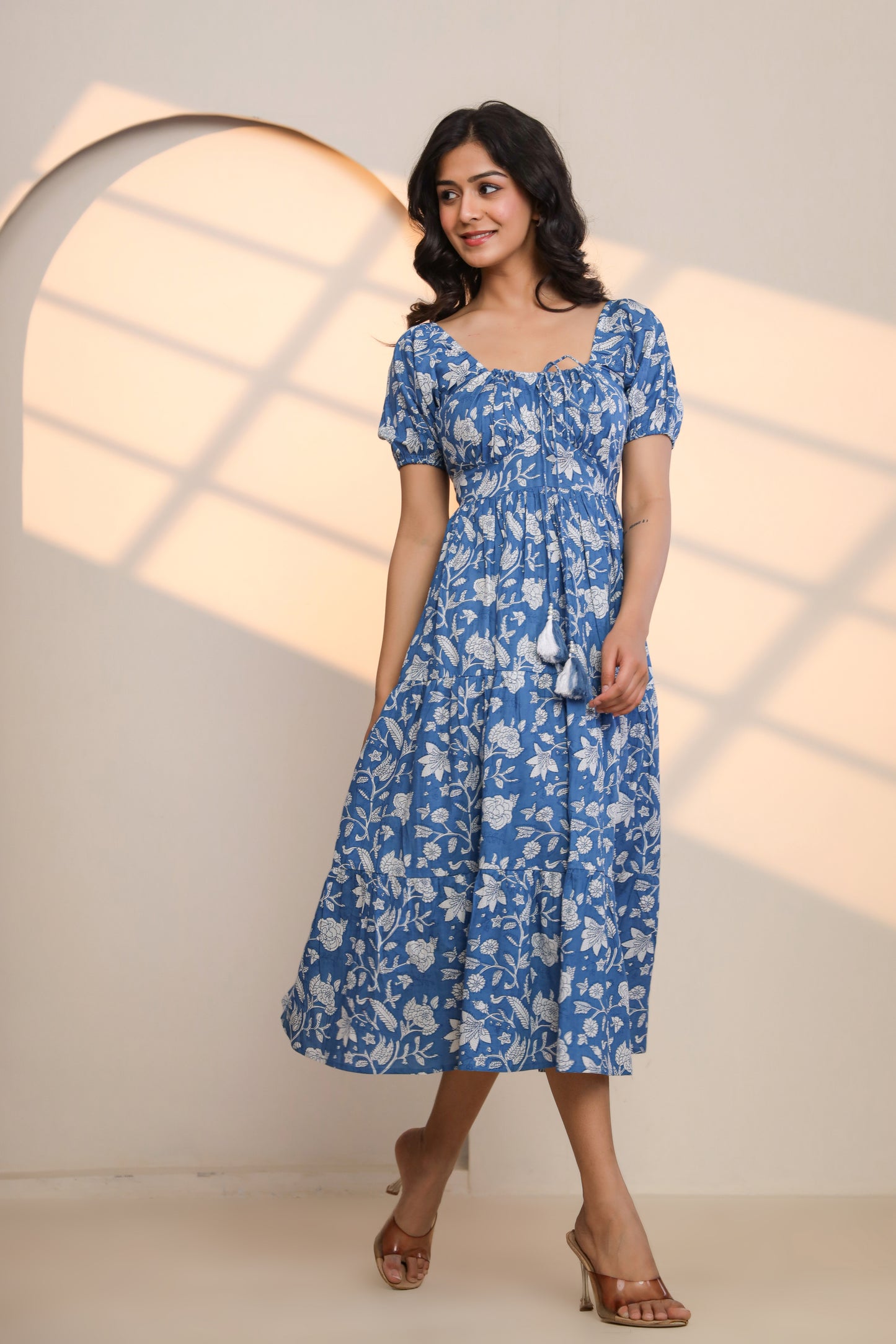 Azure Blue Hand Block Printed Midi Dress