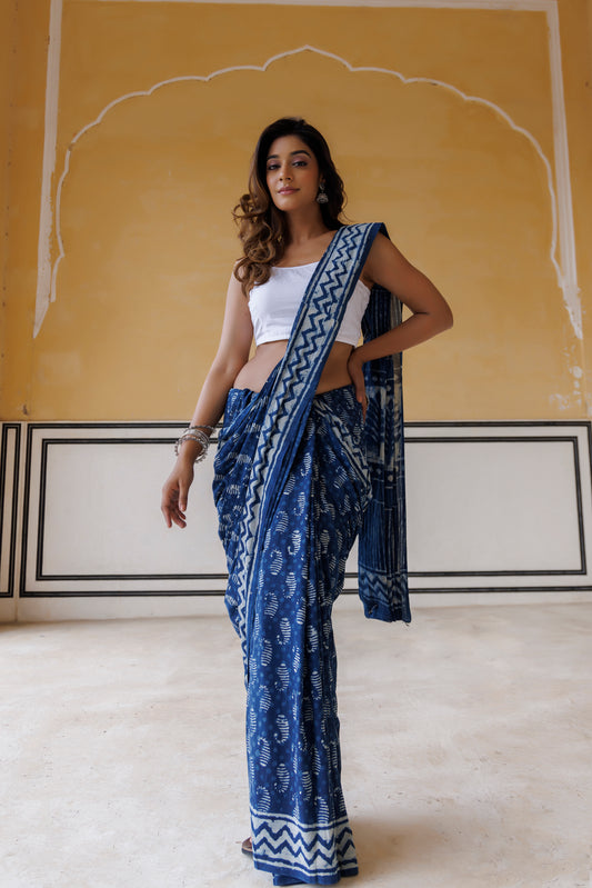 White And Indigo Paisley Block Printed Saree