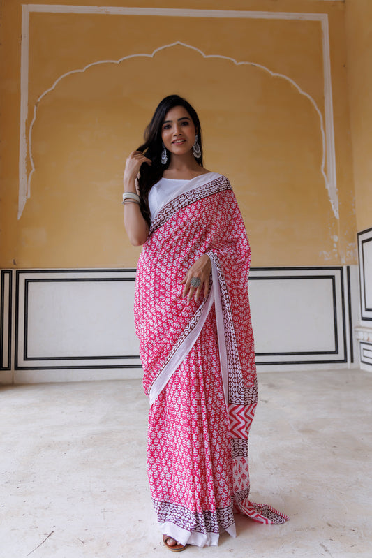 Pink Carnation Hand Printed Saree