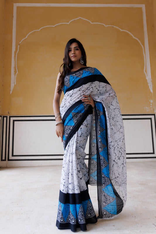 Ethereal Blue Traditional Jaipuri Printed Saree