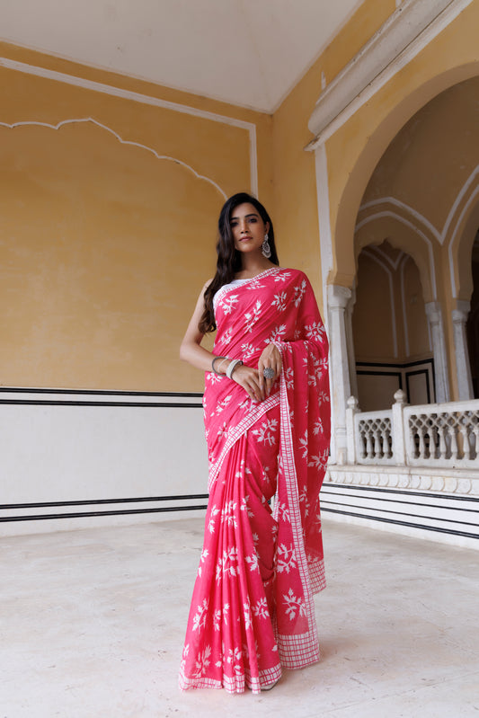Pink Lemonade Traditional Jaipuri Printed Saree
