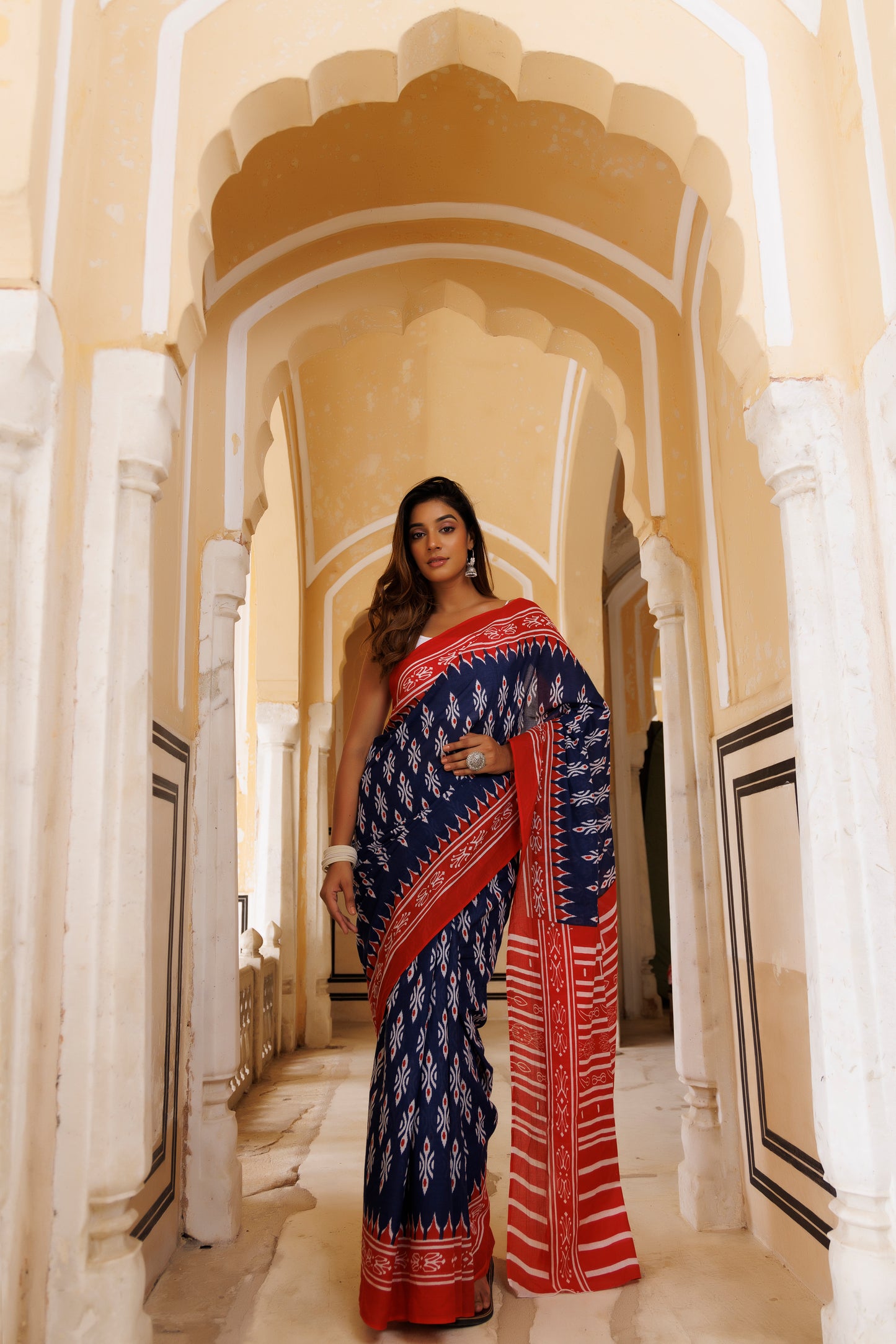 Adrenaline Red And Blue Traditional Jaipuri Printed Saree