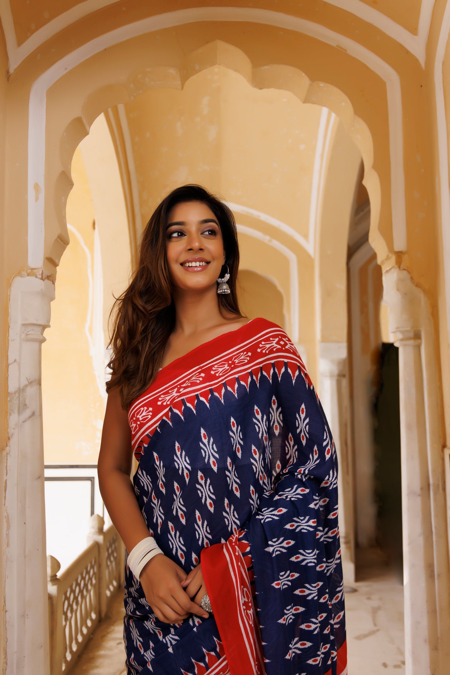 Adrenaline Red And Blue Traditional Jaipuri Printed Saree