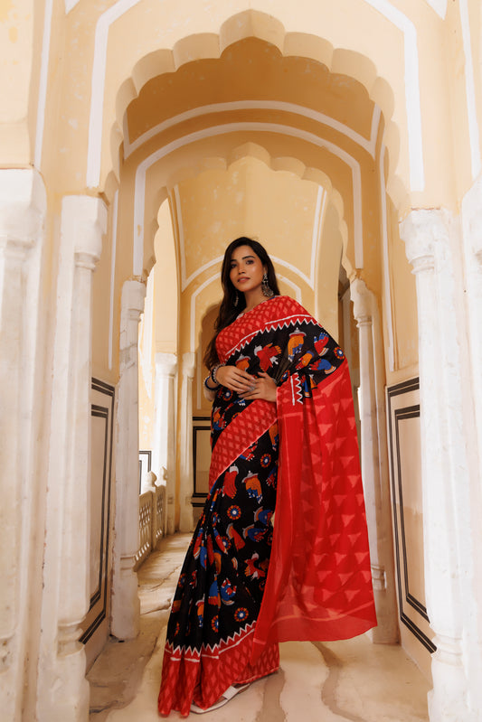 Red and Black Hand Figures Printed Saree