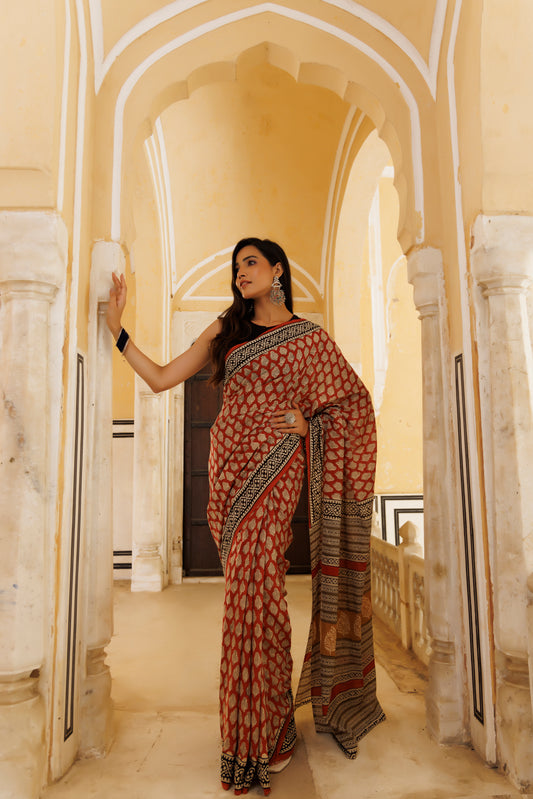 Crimsion Red Traditional Jaipuri  Printed Saree