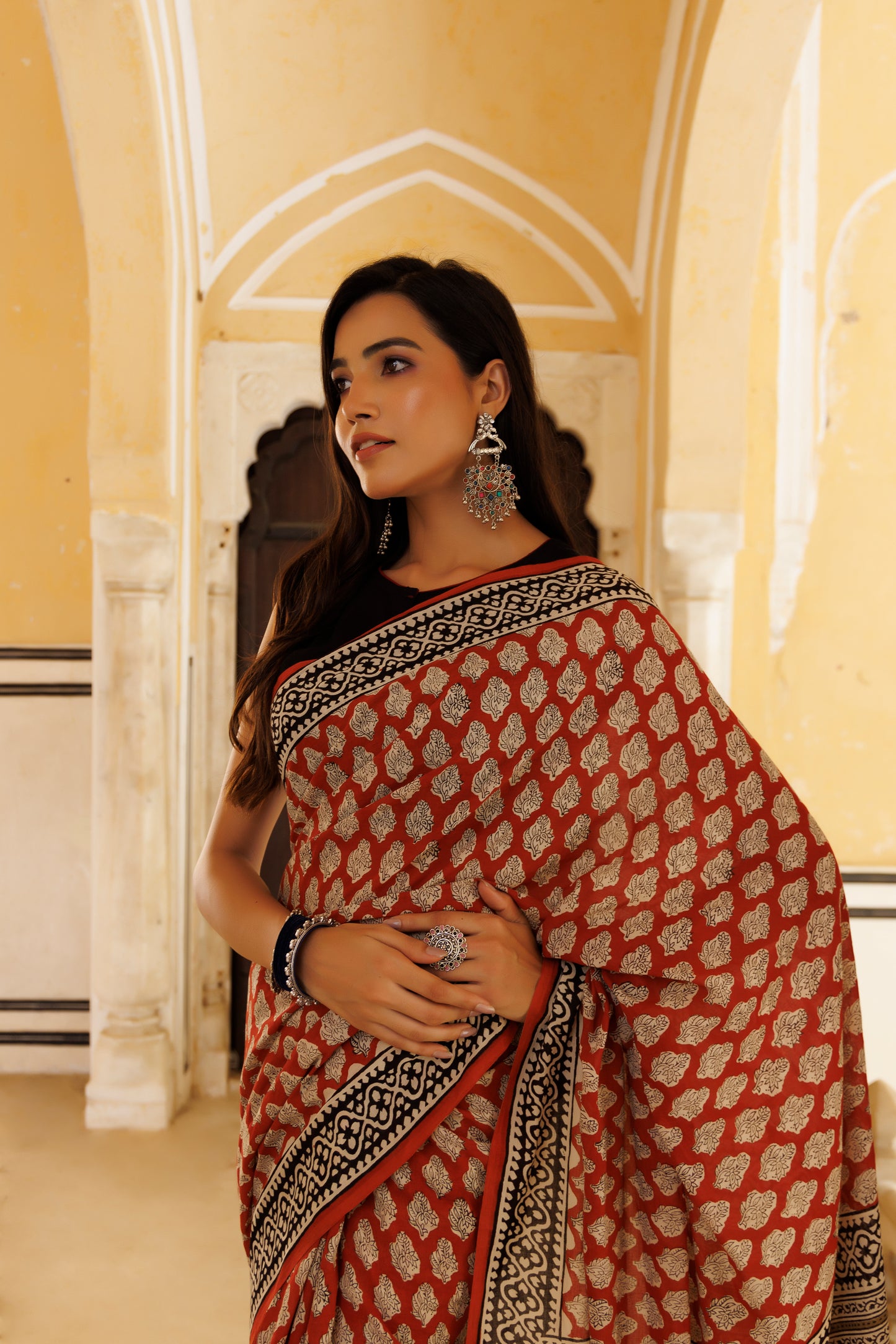 Crimsion Red Traditional Jaipuri  Printed Saree