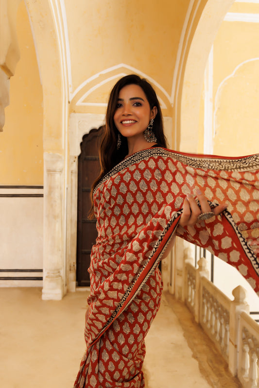 Crimsion Red Traditional Jaipuri  Printed Saree