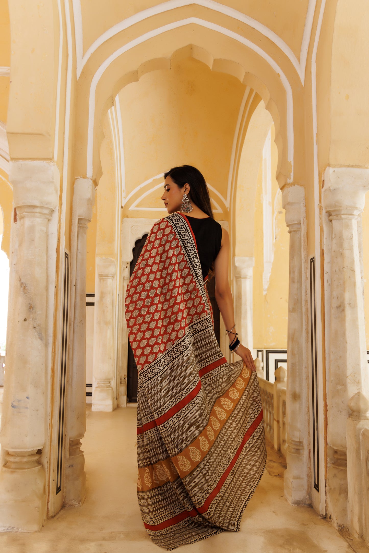 Crimsion Red Traditional Jaipuri  Printed Saree