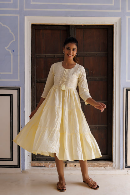 Yellow Tiered Midi Kurta Dress