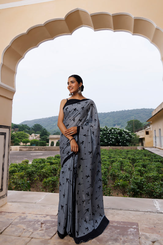 Crystal Grey And Black Cotton Printed Saree