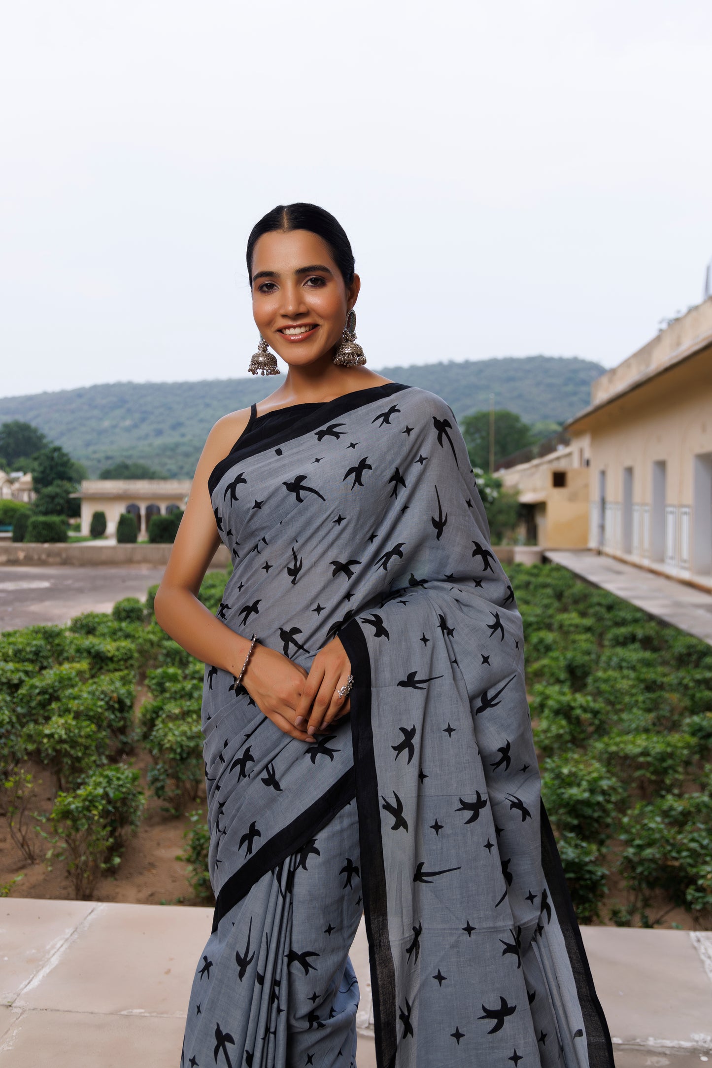 Crystal Grey And Black Cotton Printed Saree