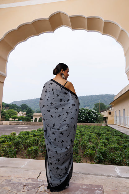 Crystal Grey And Black Cotton Printed Saree