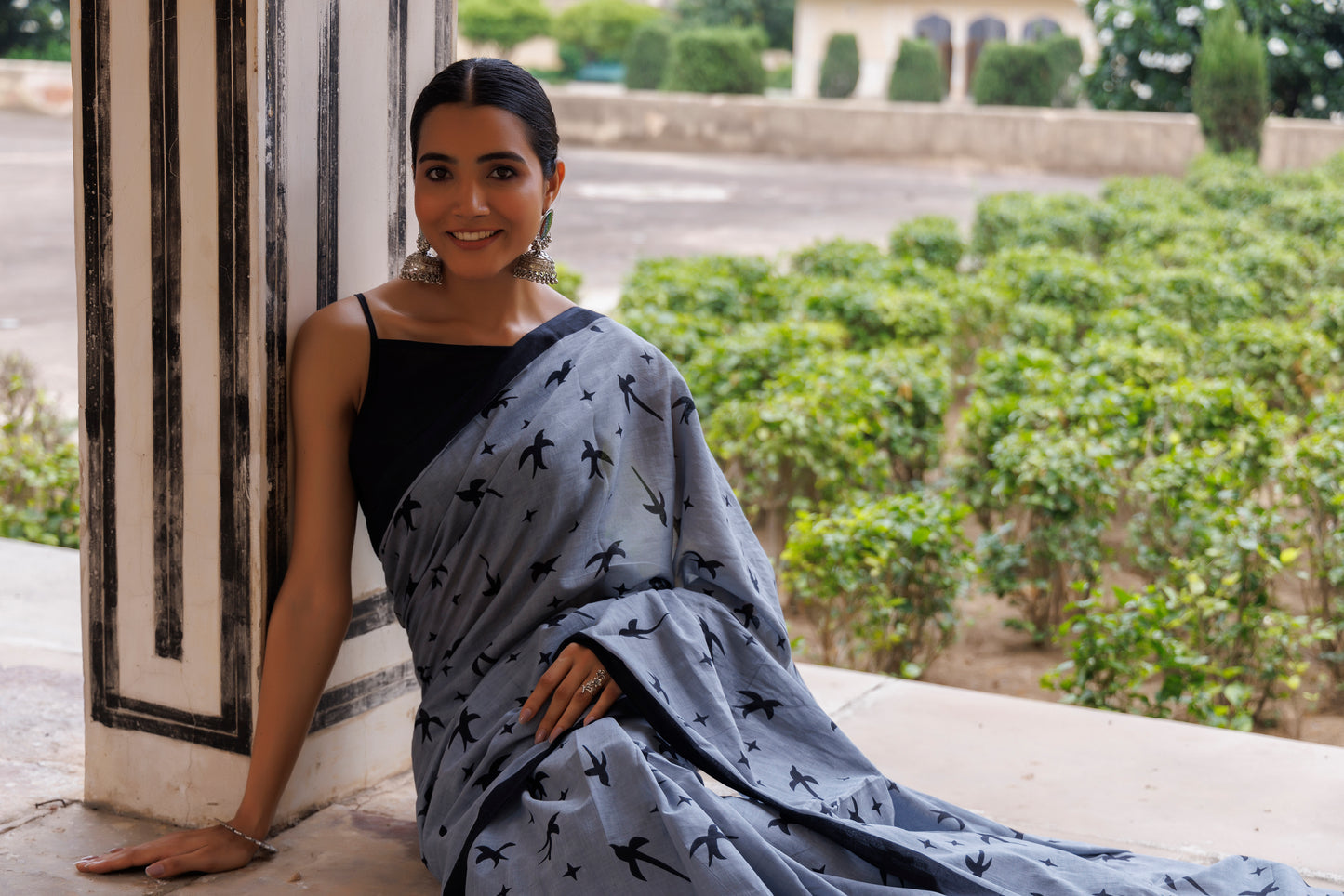 Crystal Grey And Black Cotton Printed Saree