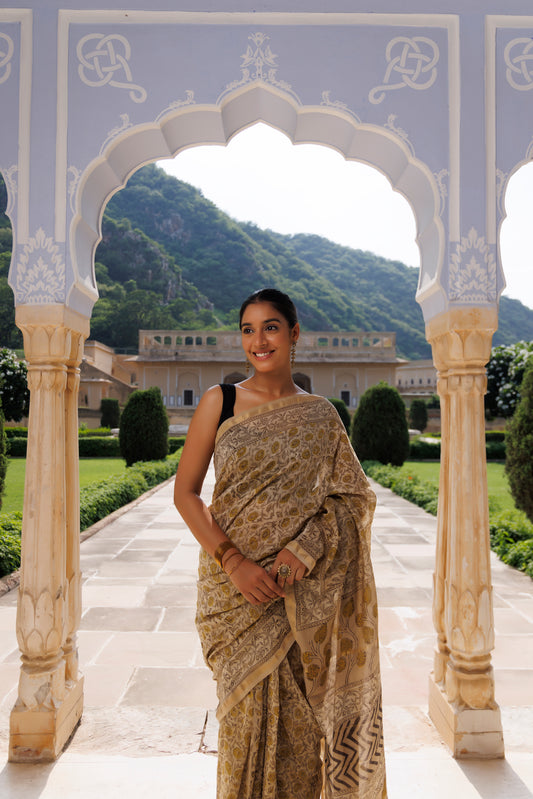 Buttercream Beige Jaipuri Printed Cotton Saree