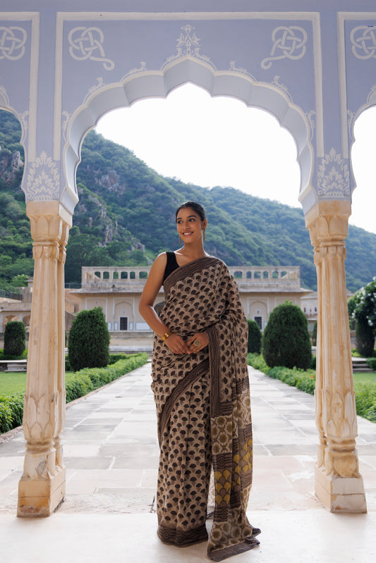 Taupe Brown Traditional Jaipuri Printed Saree