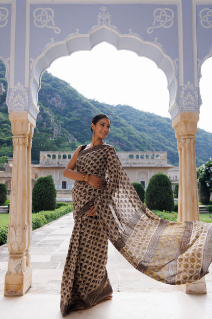 Taupe Brown Traditional Jaipuri Printed Saree