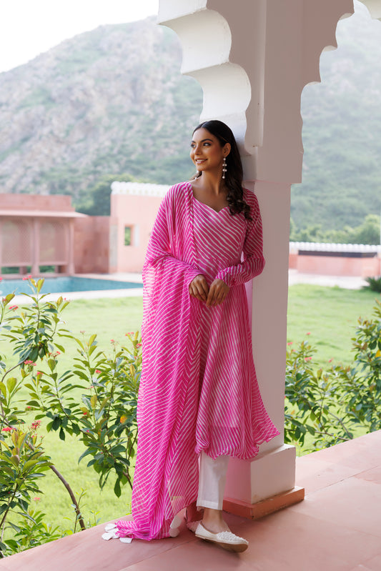 Rosebloom Leheriya Pink Kurta Set
