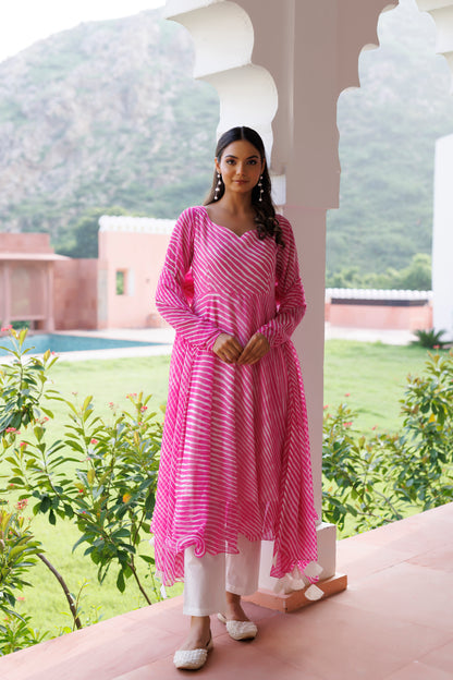 Rosebloom Leheriya Pink Kurta Set