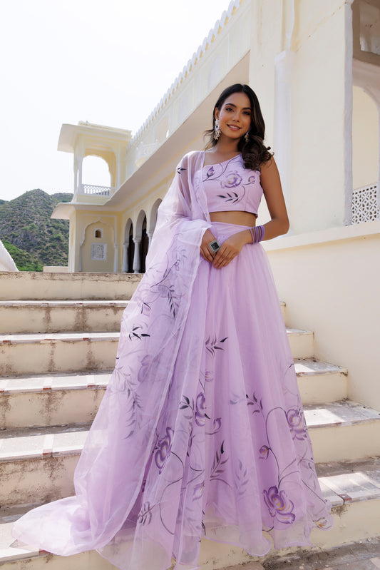 Purple Orchid Petal Brush Paint Lehenga Set