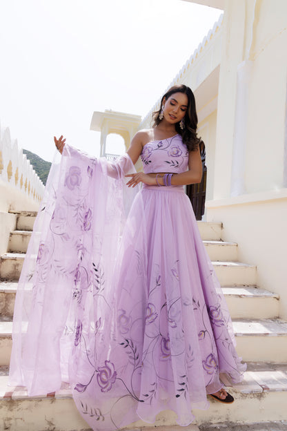 Purple Orchid Petal Brush Paint Lehenga Set