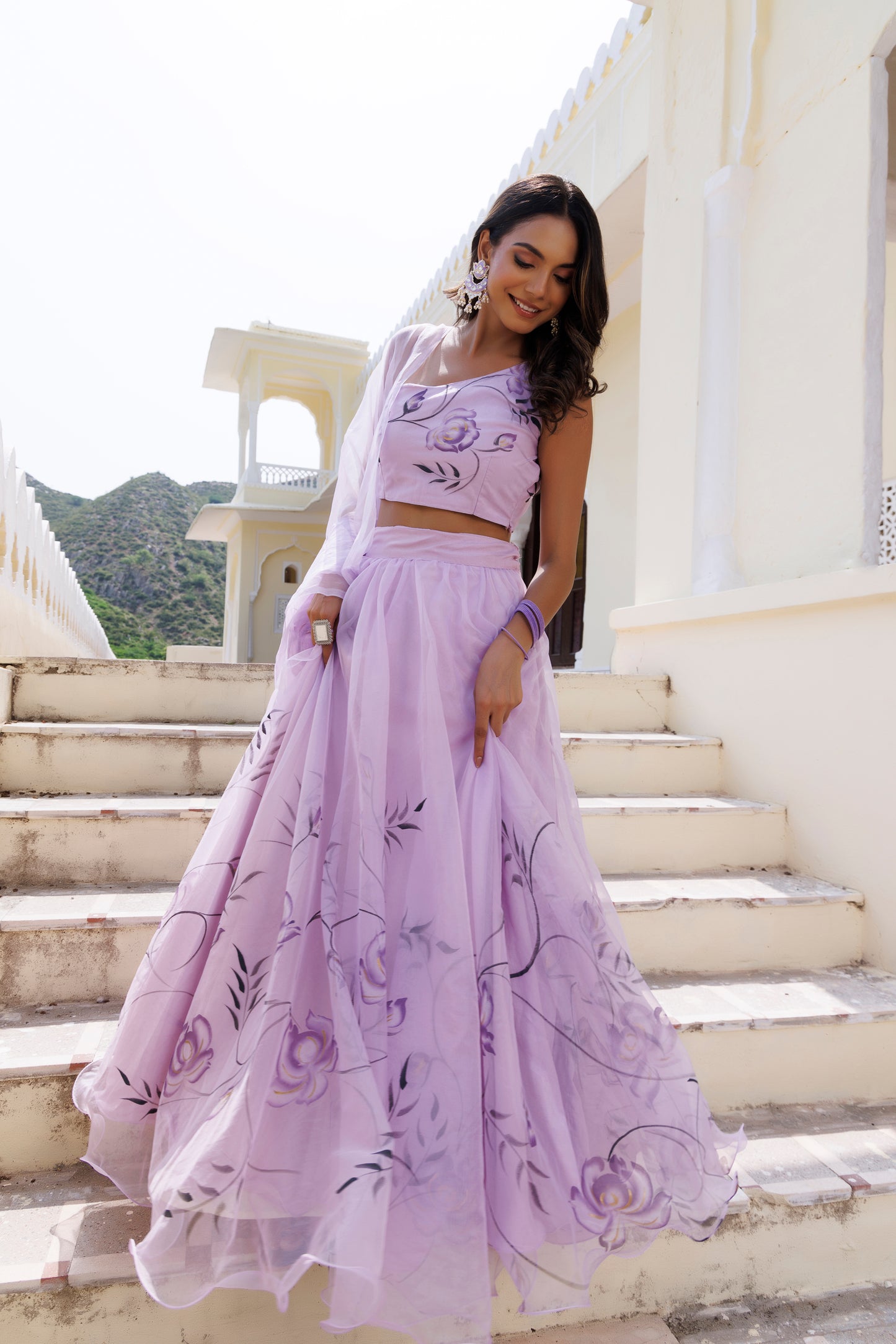 Purple Orchid Petal Brush Paint Lehenga Set
